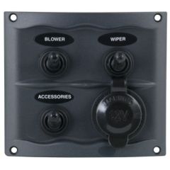 Marinco Waterproof Switch Panel, electrical needs, marine conditions, sprayproof inline fuse holders, 12VDC 16A power socket, IP56 standards, waterproof power sockets, Afi/marinco/guest/nicro/bep, boat's electrical system, marine vessel