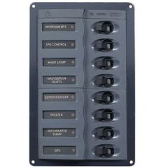 Marinco 901V DC Circuit Breaker, 8-Way Vertical Panel, marine-grade power coated aluminum, Airpax circuit breakers, green LED backlit labels, red LED ON indicator lights, American Boat and Yacht Council (ABYC) standards, Afi/marinco/guest/nicro/bep, 12V a