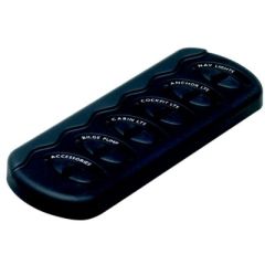Marinco Contour Generation II Sprayproof Switch Panel, Black, LED backlit labels, versatile mounting, six on/off switches, Afi/marinco/guest/nicro/bep, durable molded plastic, compact size, marine electrical system, sophistication, reliability.