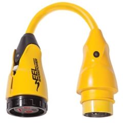 Marinco P503-30 EEL Pigtail Adapter, Dock Side Male 50A 125V Locking, Boat Side Female 30A 125V Locking, Sealing Collar System, Weatherproof Seal, Marine Grade Cable, Watertight Molded Plug, Corrosion-Resistant Contacts, LED Power Indicator, 5-Year Warran