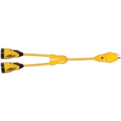 Marinco Y504-2-504 EEL "Y" Adapter, Dock Side Male 50A 125V Locking, Boat Side Female 2-50A/125V Locking, Sealing Collar System, weatherproof seal, marine grade cable, LED power indicator, corrosion-resistant, nickel-plated contacts, 5-year warranty, Mari