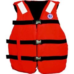 Mustang MV3005T1 Industrial Universal Fit PFD, Orange, safety gear, industrial flotation vest, visibility, comfort, hazard protection, construction site, factory, SOLAS grade tape, Mustang Survival, emergency situations, safety equipment, high visibility,