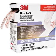 Dual Lock Reclosable Fastener, DUAL LOCK MINI PACK, plastic strips, mushroom-shaped stems, Scotch adhesive, UV resistance, plasticizer resistance, heat resistance, clear design, 3M brand