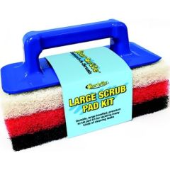 Starbrite 42023 Large Scrub Pad Kit, durable cleaning, versatile cleaning, premium handle, interchangeable pads, comfortable grip, convenient scraper, fine pad, medium pad, coarse pad, Starbrite quality, ample surface area, tough stains, sparkling space.