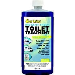 Instant Fresh Toilet Treatment, Lemon scent, holding tank odors, pump out, dumping station, tank walls, drain lines, clogs, blockages, lubricants, drain valves, Starbrite, RV, boat, sanitation routine.