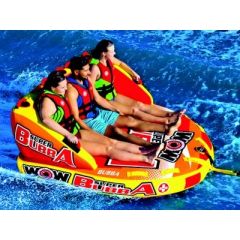 WOW Bubba Hi-Vis Towable, thrill-seekers
water enthusiasts, Bubba couch style towables, family fun-filled, group adrenaline rush, flat base smooth ride, SECURE DECK SEATING, high backrest safety, front back tow points, various positions, top-quality mate