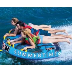WOW 191030 Summertime Soft Top Towable, 1-3 Riders, luxurious ride, tropical paradise, durable, vibrant design, convenient, secure, thrilling, quick inflation, wild wake action, trusted brand, spacious ride.