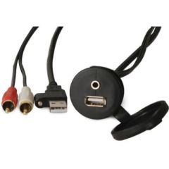 Fusion 0101238100 Panel Mount USB/3.5mm Aux Connector, Garmin, marine stereo, USB connector, 3.5mm Aux connector, boat enthusiast, marine environment, rubber seal cap, Garmin quality, durable design, versatile compatibility, boating experience, extended c