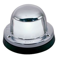 Perko Stern Light, USCG certification, 2-mile range, durability, chrome plated brass, clear lens, 12V bulb, screw size 4, 2-3/8" OD, 3/4" H, safety, style, reliability, visually striking, marine lighting.
