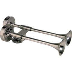 Ongaro Shorty Deluxe Dual Trumpet Horn, 12V, marine vessel, safety, style, precision, durability, stainless steel, powerful sound, 120 decibels, compact design, 12V voltage, waterproof construction, 5-year warranty.