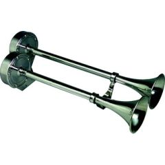 Ongaro Deluxe Dual Trumpet Horn, 24V, marine vessel, stainless steel, powerful sound, safety, compact design, 125 db, 5-year warranty, Schmitt marine steering wheels, PMG waterproof, reliability, style