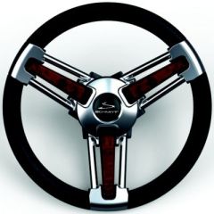 Schmitt Burano Steering Wheel, boat enthusiast, black polyurethane, stainless steel spokes, chrome accents, hydrographic spoke inserts, 14 inches diameter, black/burlwood/silver color combination, chrome center cap, 3/4" tapered hub, ergonomic design, boa
